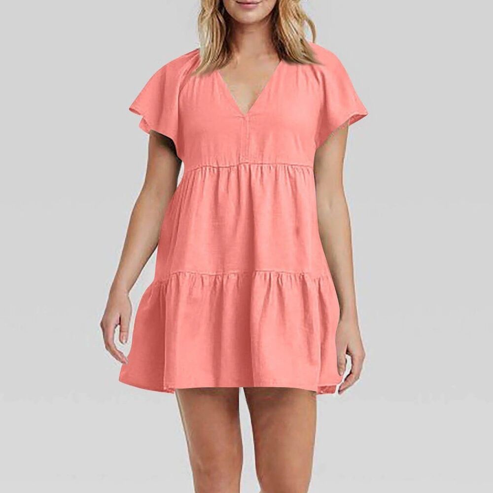 Babydoll Flutter Short Sleeves Tiered Linen Dress Coral XS